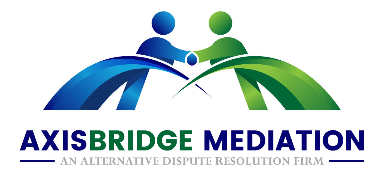 Axisbridge Mediation logo featuring a bridge with two figures meeting at the center, tagline reads "An Alternative Dispute Resolution Firm